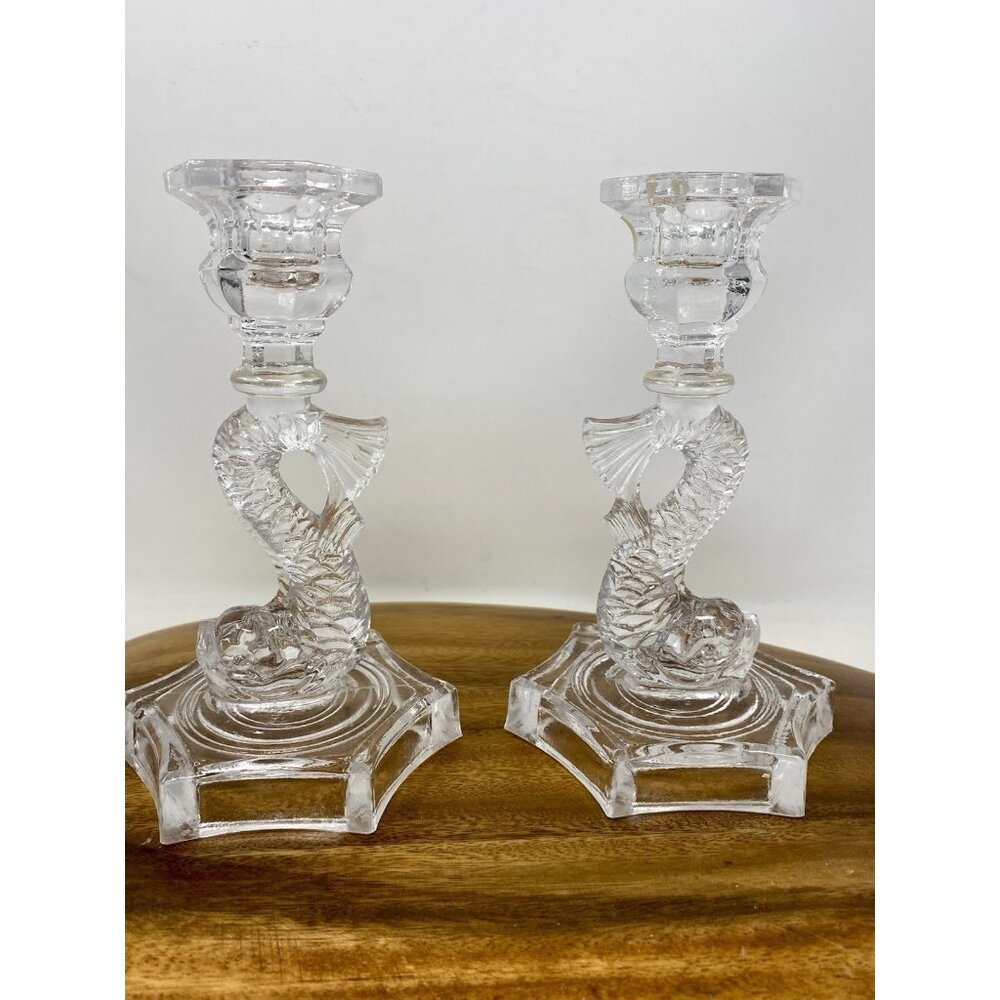 2 Pairpoint Clear Glass Koi Fish Dolphin Candlesticks for Taper Candles SGM Mark